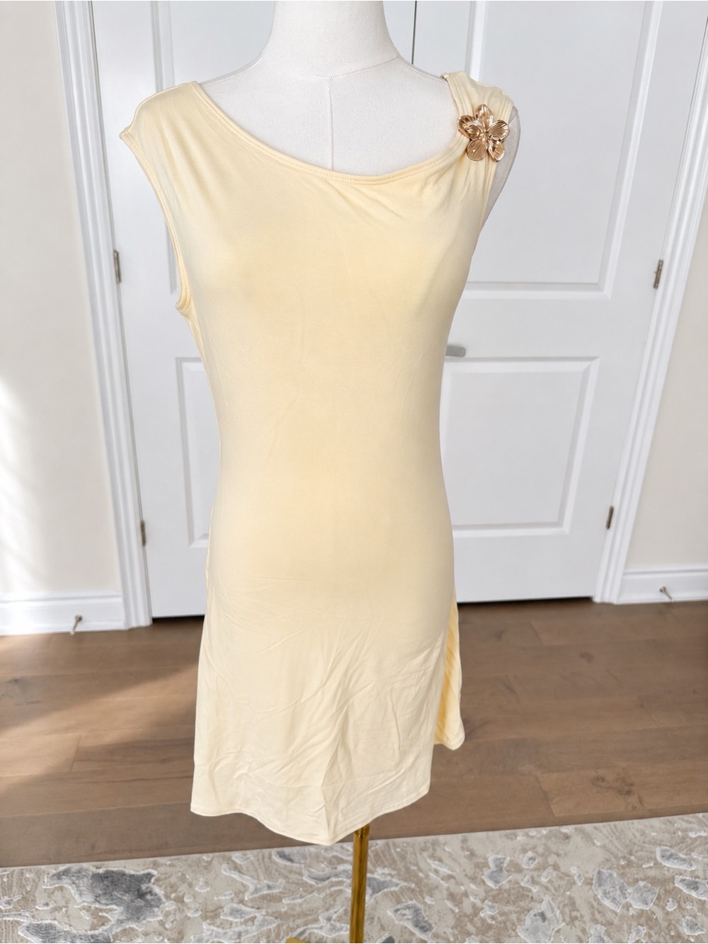 See You Monday Cream Mini Dress with Gold Flower Detail – Size Medium – NWT